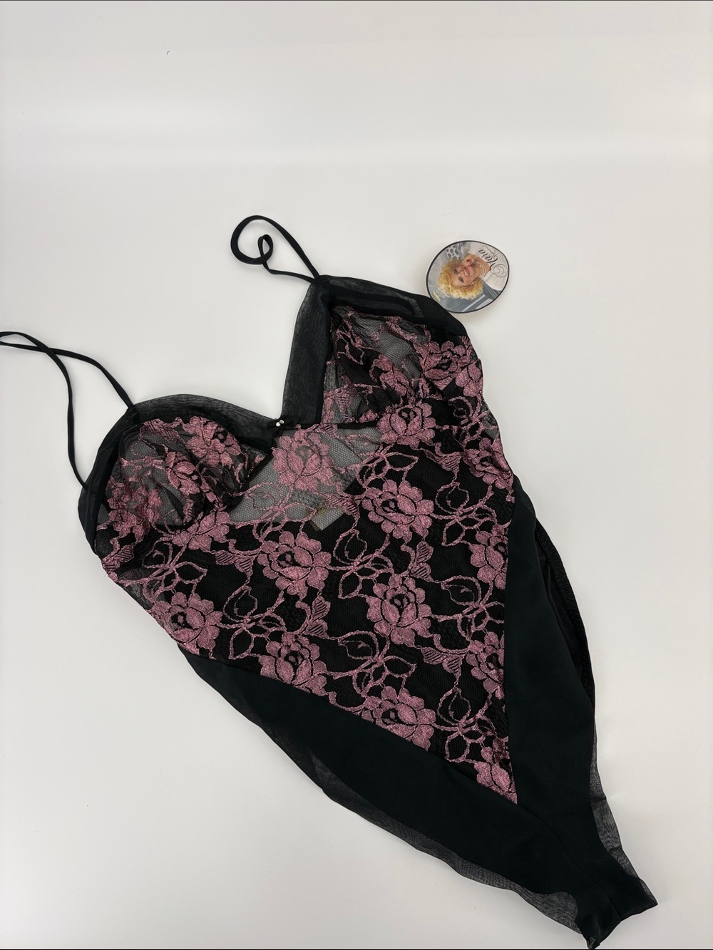 Mara Intimates New Women’s L Vintage Black & Pink Floral Lace Mesh Bodysuit